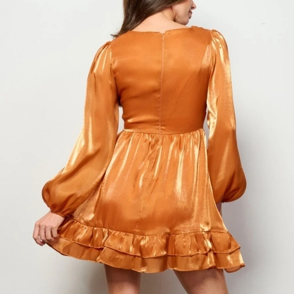 Puff Sleeve V-Neck Ruffle Shimmer Mini Dress Holidays Party Cocktails - Picture 2 of 14